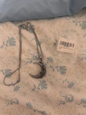 Crescent Moon Floral Pendant Necklace - Silver Tone